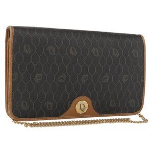 Authentic Christian Dior Honeycomb Canvas Chain Shoulder Bag PVC Gray Gold